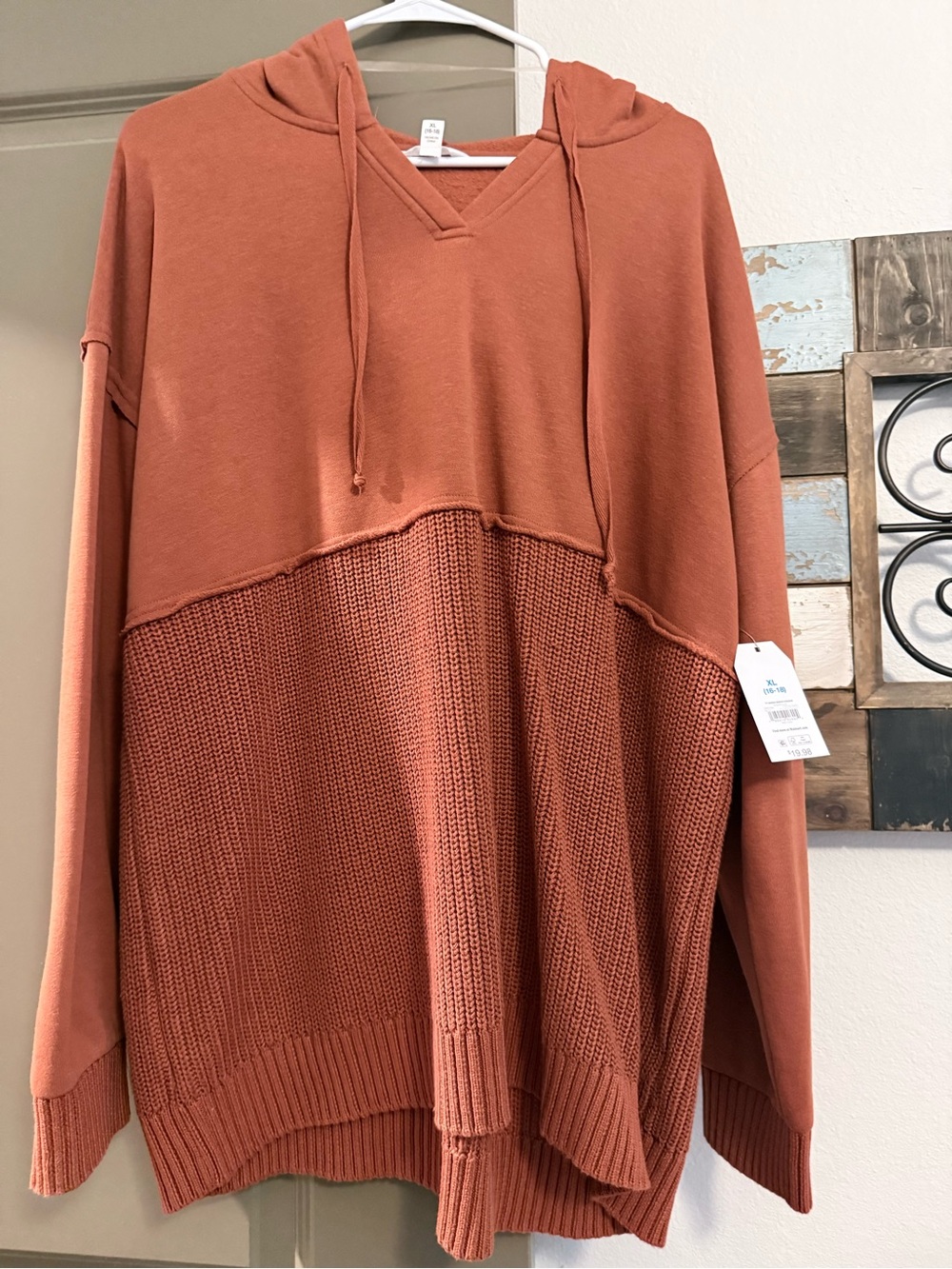 Time and Tru Two-Tone Hooded Knit Sweater in Rust